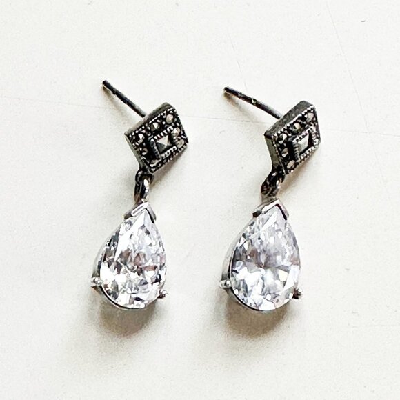 Marcasite & Cubic Zirconia Sterling Silver Earrings - Picture 1 of 3
